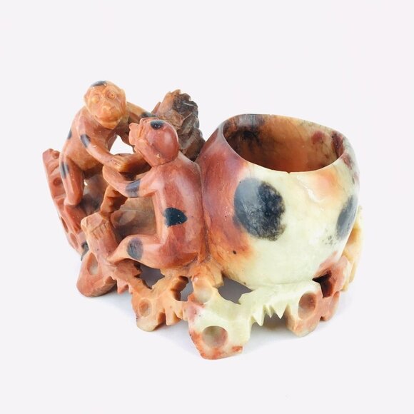 Vintage Detailed Hand Carved Soapstone Figurine Two Monkey's Bowl/Vase - Picture 9 of 11